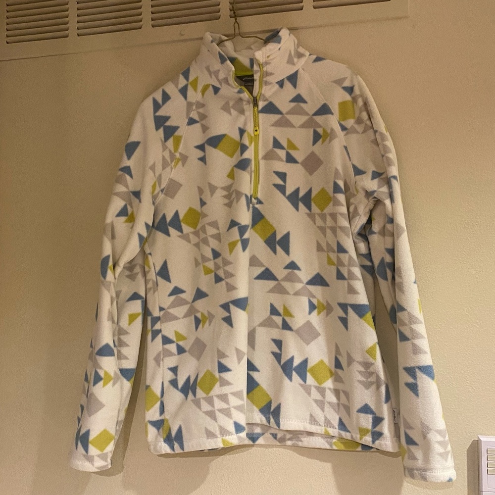 Eddie Bauer | Cream, Blue, and Green Geometric Fleece Quarter Zip | Women's L